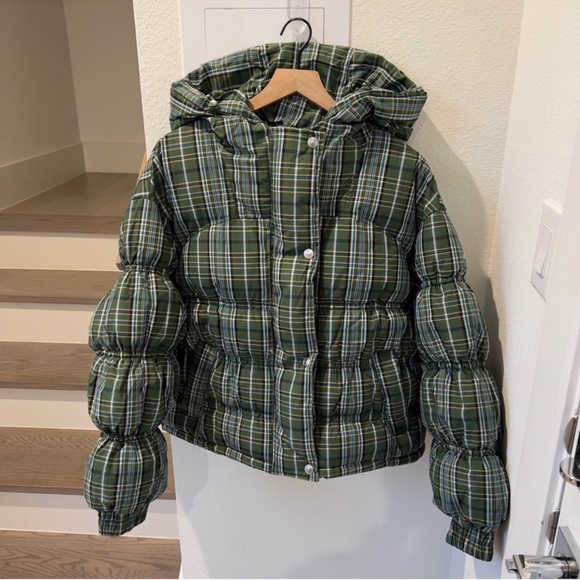 New w/ Flaw Free People Party Of One Puffer Jacket in Olive Green Plaid Combo - Picture 5 of 11